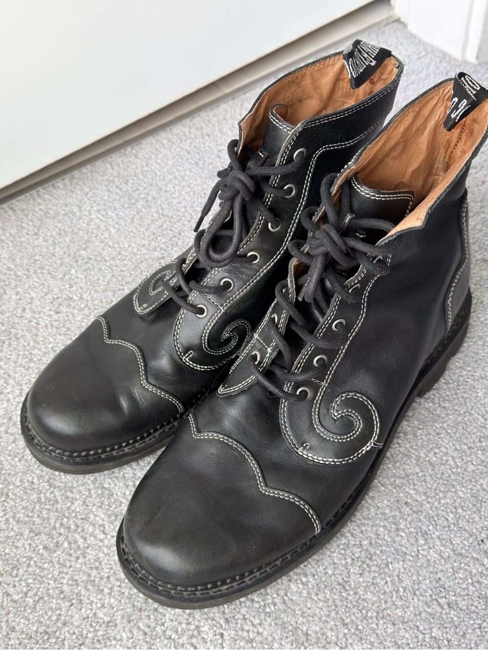 John Fluevog Black Leather Lace-Up Boots with White Stitching